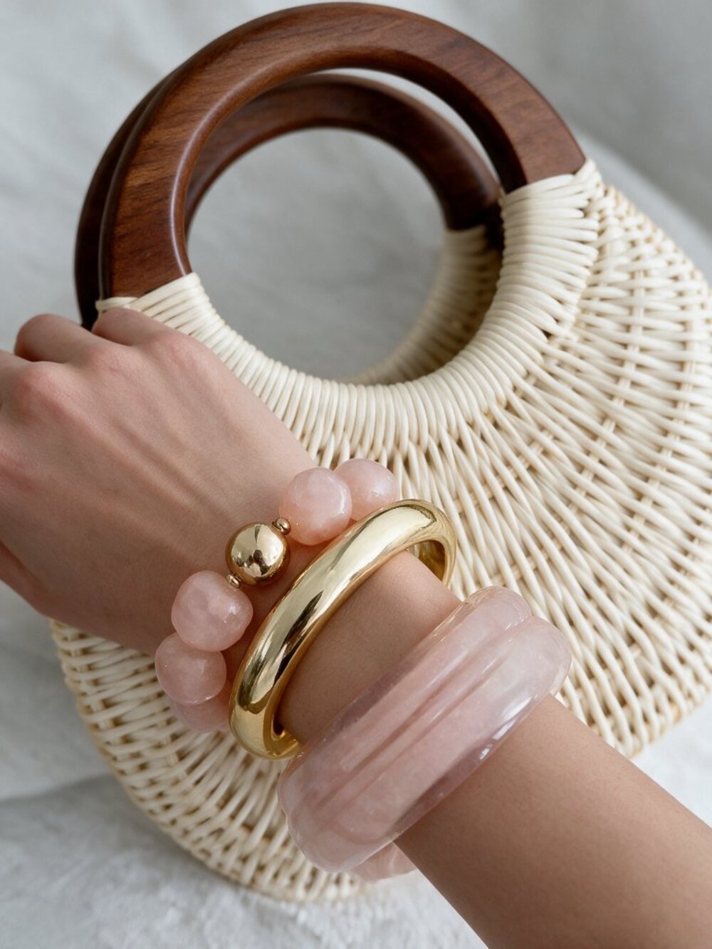3-Piece Chunky Marbled Resin Gold-Tone Statement Bracelet Stack Set - PINK